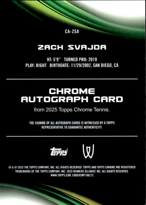 2025 Topps Chrome Tennis ZACH SVAJDA #CA-ZSA Blue Auto 105/150