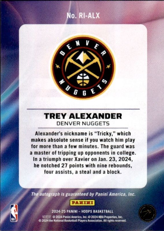 Trey Alexander 2024-25 Panini NBA Hoops Rookie Ink Auto RC Nuggets