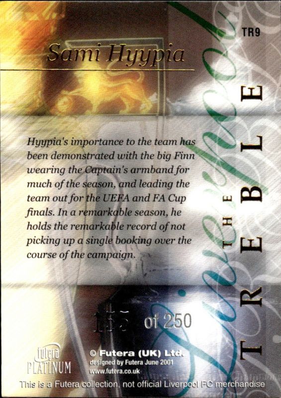 2000-01 Futera Platinum The Treble Liverpool #155/250 Sami Hyypia #TR9