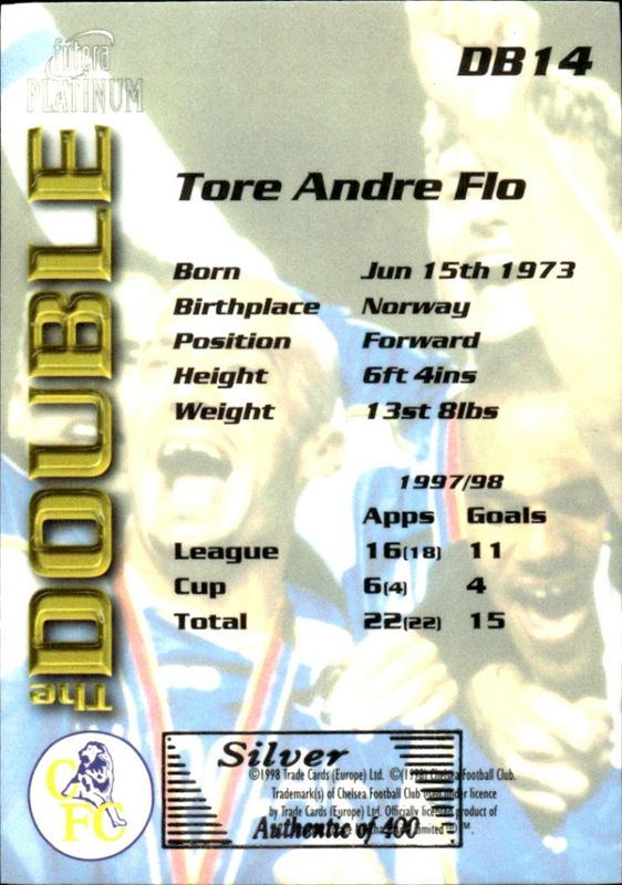 1998 Futera Platinum Chelsea The Double /400 SILVER GILDED EDGES Tore Andre Flo #DB14