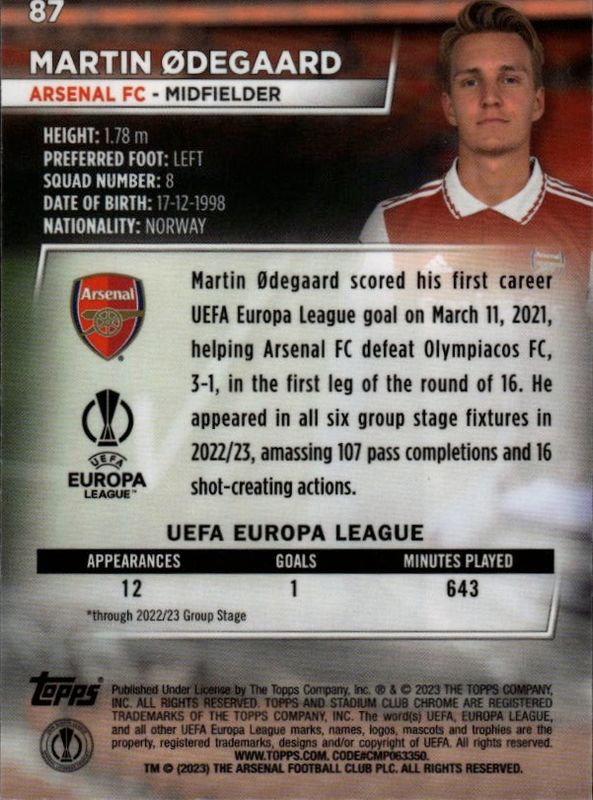 Topps Chrome Stadium Club Football CL 22/23 No. 87 Martin Odegaard-
