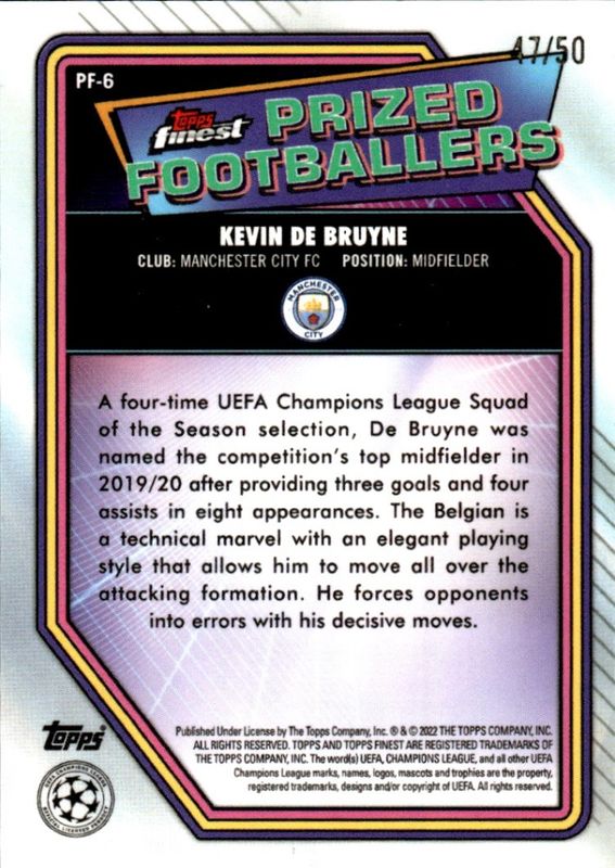 2021 Topps Finest UCL Prized Footballers Gold Refractor #47/50 KEVIN DE BRUYNE  