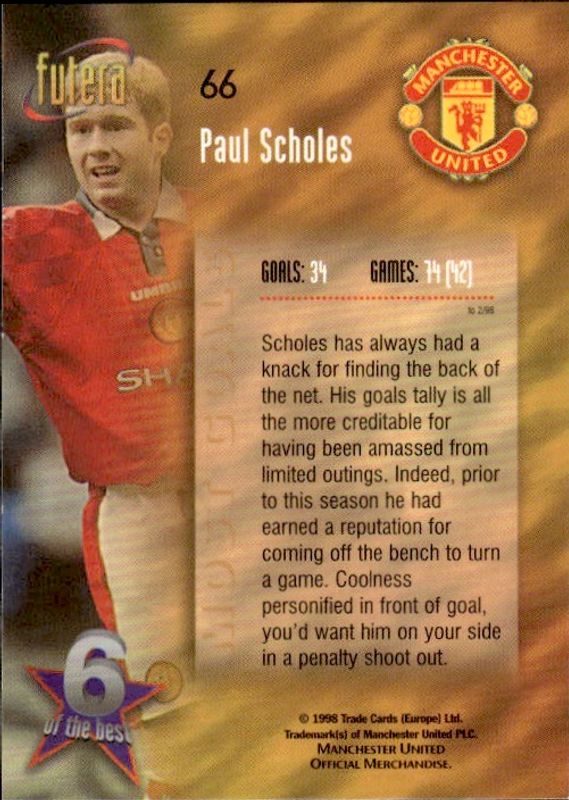 PAUL SCHOLES 1998 Futera Soccer Card MANCHESTER UNITED #66