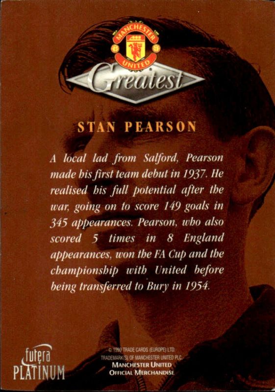 1998-99 Futera Platinum Manchester United Greatest Stan Pearson 22 CARAT GOLD GILDED (EDGE)