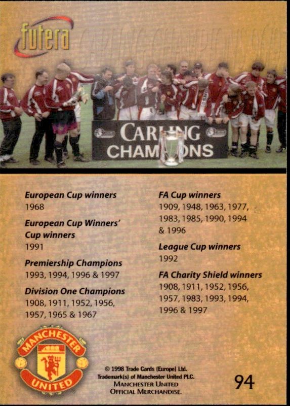 Carling Champions 97 Team Group Card Futera 1998 MANCHESTER UNITED PLAYERS EDITION /500