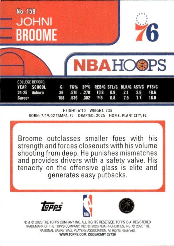 Topps NBA Hoops Johni Broome Rookie #159 Philadelphia 76ers 2025-26 Card