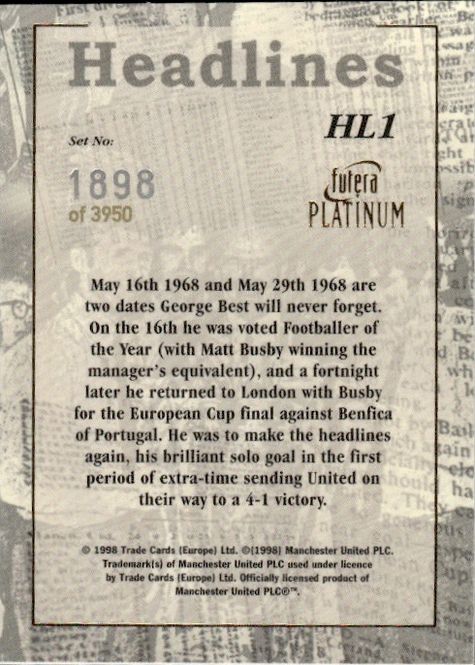 Main Image GEORGE BEST Man Utd Futera HL1 Platinum Card ...