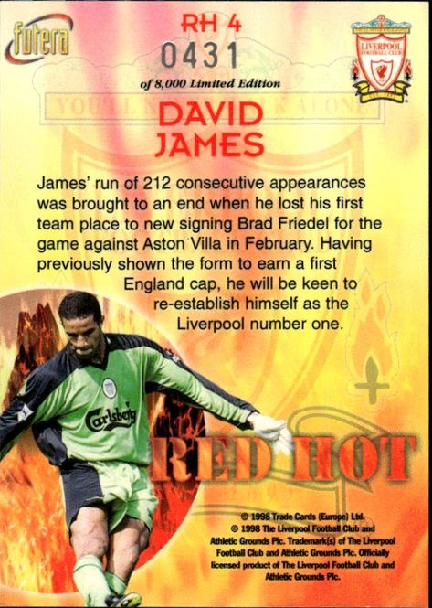 Main Image David James Red Hot LIVERPOOL 98 RH4 #431/8000