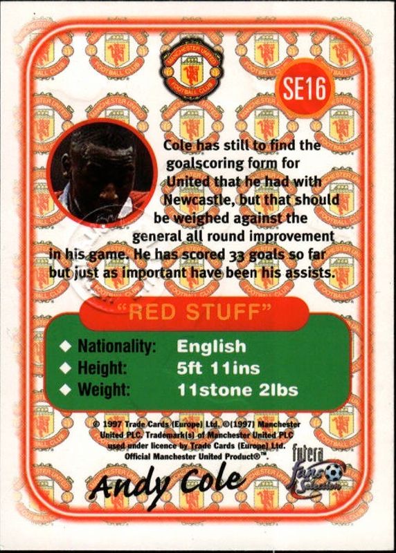 Futera Fans Selection Andy Cole CRAZY ERROR card Embossed SE16 with EMBOSSED FUTERA REDEMPTION