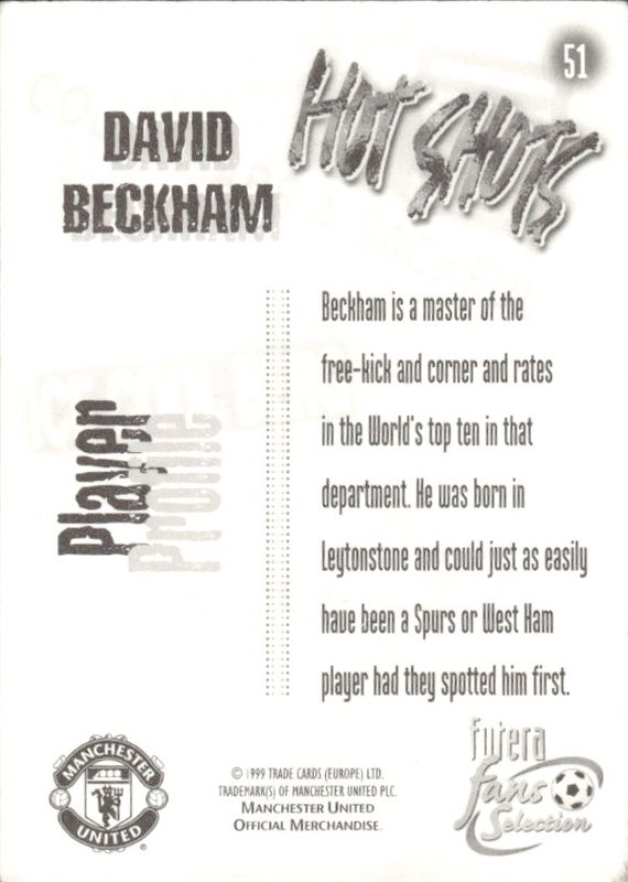 1999 Futera Fans Selection Manchester United Hot Shots David Beckham #51
