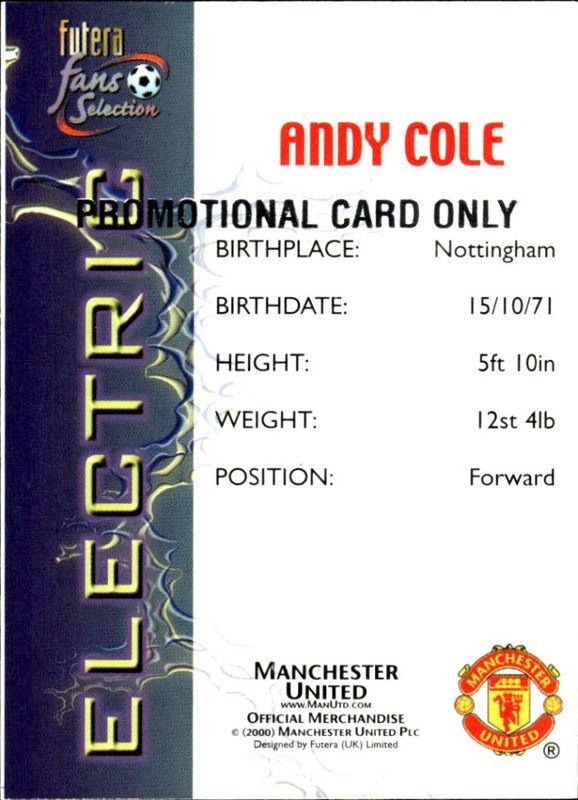 2000 Futera Fans Selection Manchester United Electric Andy Cole PROMOTIONAL CARD ONLY