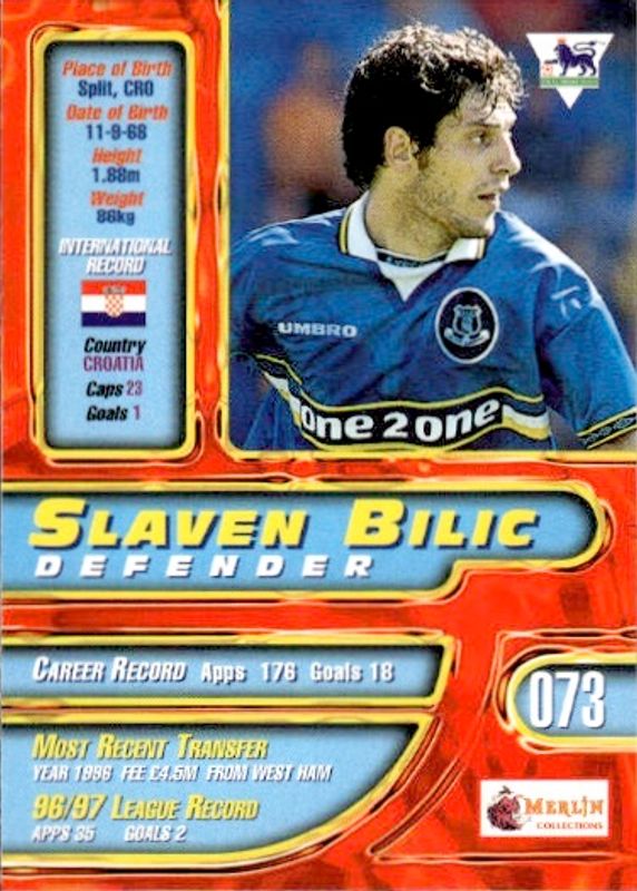 SLAVEN BILIC 1997-98 Merlin Premier Gold Soccer Card EVERTON #73