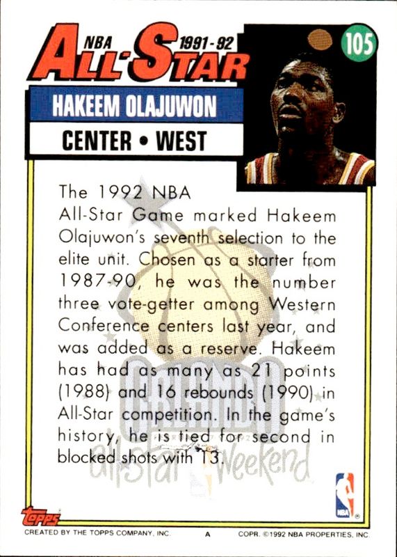 Hakeem Olajuwon #105 All-Star Houston Rockets Topps NBA Card 1992-1993