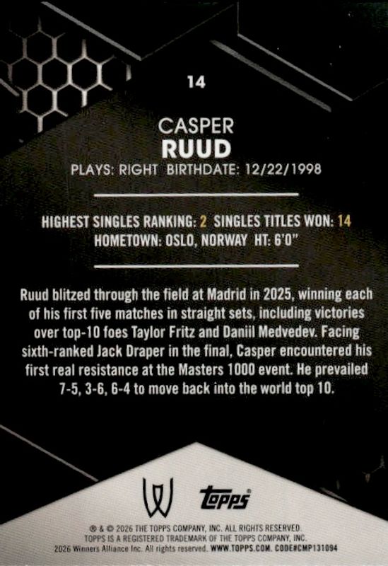2026 Topps Graphite #14 Casper Ruud Purple Refractor #97/99