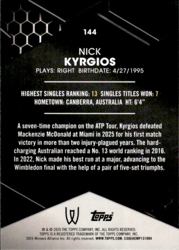 Topps 2026 Graphite Tennis Nick Kyrgios #144 Australia ATP Tour