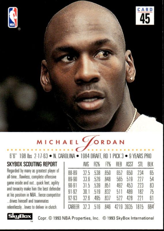 1993 MICHAEL JORDAN SKYBOX PREMIUM BASKETBALL CARD #45 CHICAGO BULLS GUARD NM/MT
