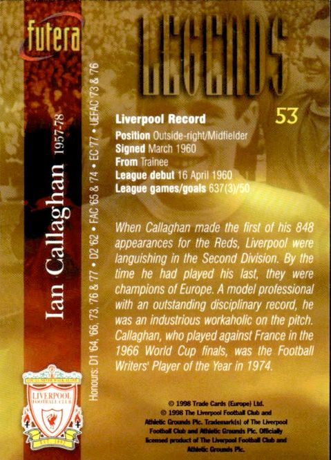 Main Image Ian Callaghan 1998 Futera Liverpool Legends #53 