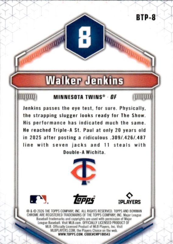 Walker Jenkins 2026 Bowman Chrome Top 100 Insert #BTP-8 Minnesota Twins