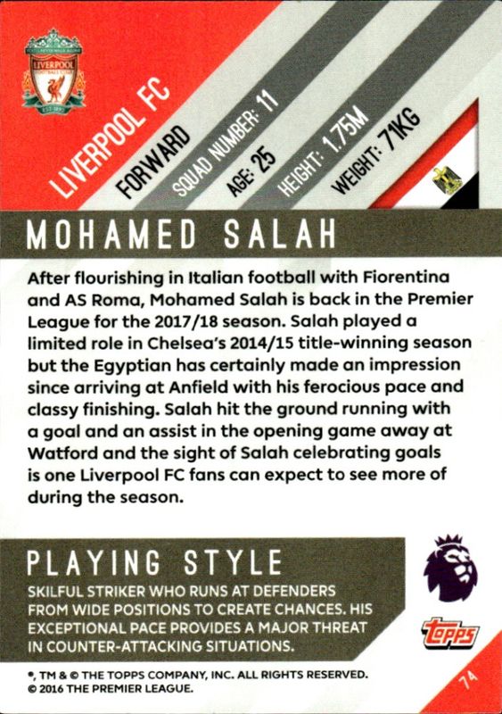 2017-18 Topps Premier League Gold Mohamed Salah #74 