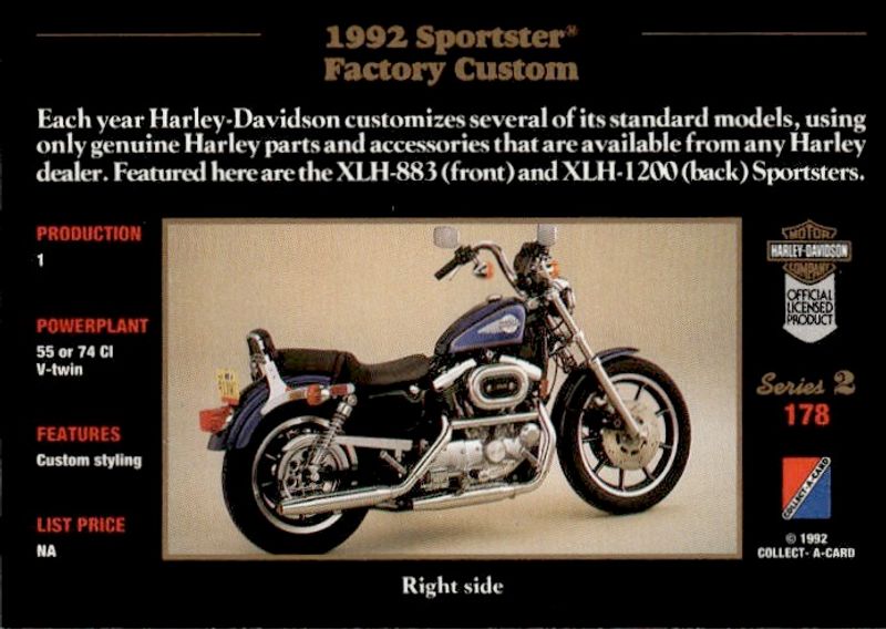 1992-93 Collect-A-Card Harley Davidson #178 1992 Sportster Factory Custom
