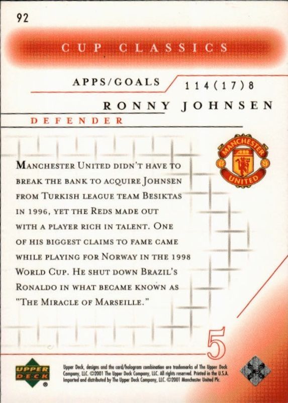2001-02 Upper Deck Manchester United Cup Classics Ronny Johnsen #92 ON CARD AUTOGRAPH