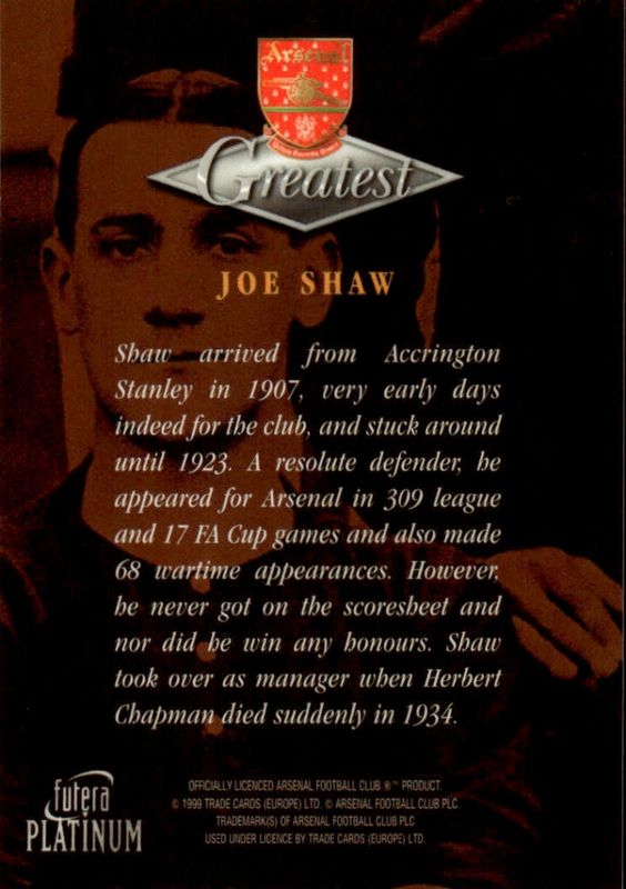 Futera Arsenal Greatest Platinum 1999 - Joe Shaw