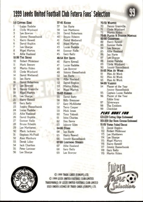 Main Image 1999 Futera Fans Selection Leeds United Checklist ...