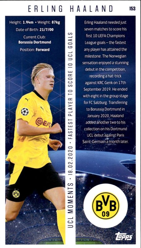 Topps - UEFA 2020/21 Best of the Best Card 153 Erling Haaland UCL Moments