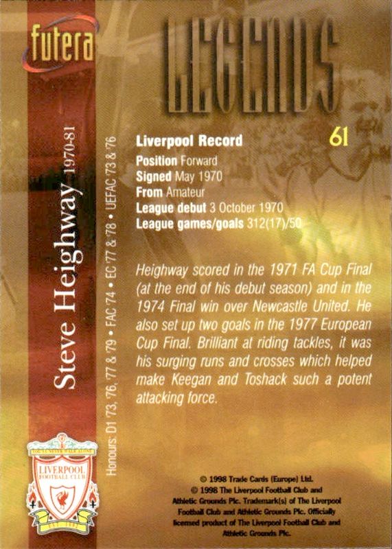 Steve Highway 1998 Futera Liverpool Legends #61 Football card