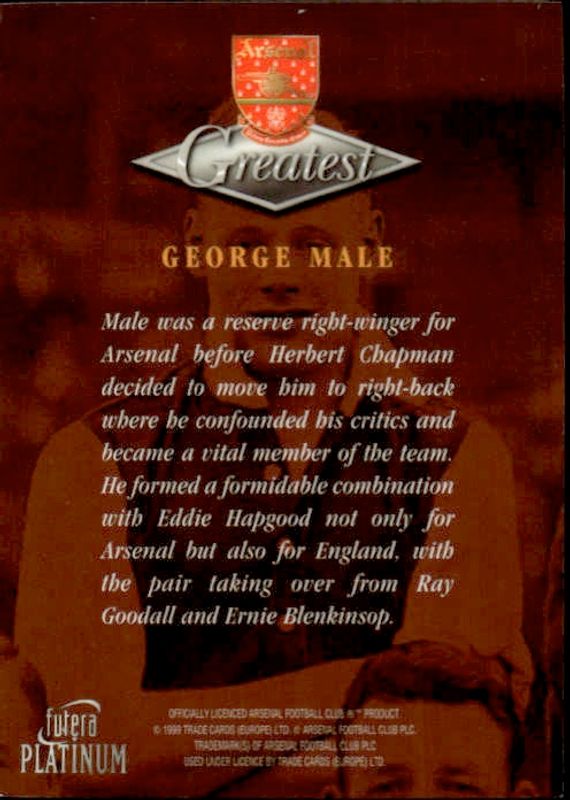 1999 Futera Platinum Arsenal Greatest George Male 22 CARAT GOLD EDGES