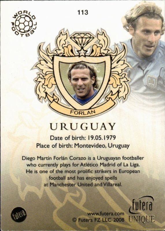 2008 Futera Unique World Football Ruby Diego Forlan #113 ON CARD AUTOGRAPH 
