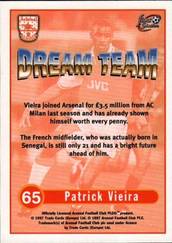 Futera Arsenal Fans Selection 1997-98 - Dream Team - 65 Patrick Vieira