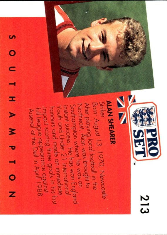Pro Set English League 1990-91 Rookie Card #213 Alan Shearer Southampton-