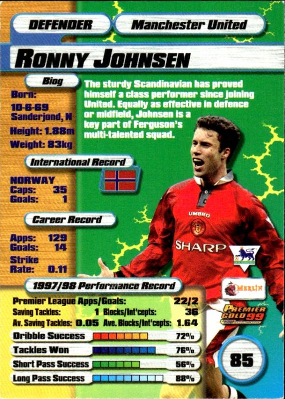 MERLIN PREMIER GOLD 99 RONNY JOHNSEN #85 MANCHESTER UNITED