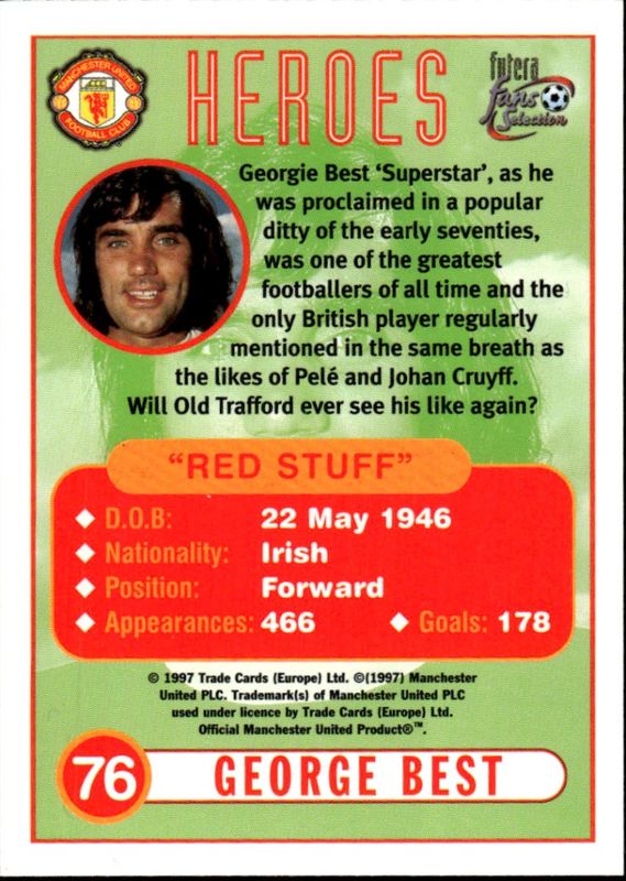 1997 Futera Fans Selection Manchester United Heroes George Best #76