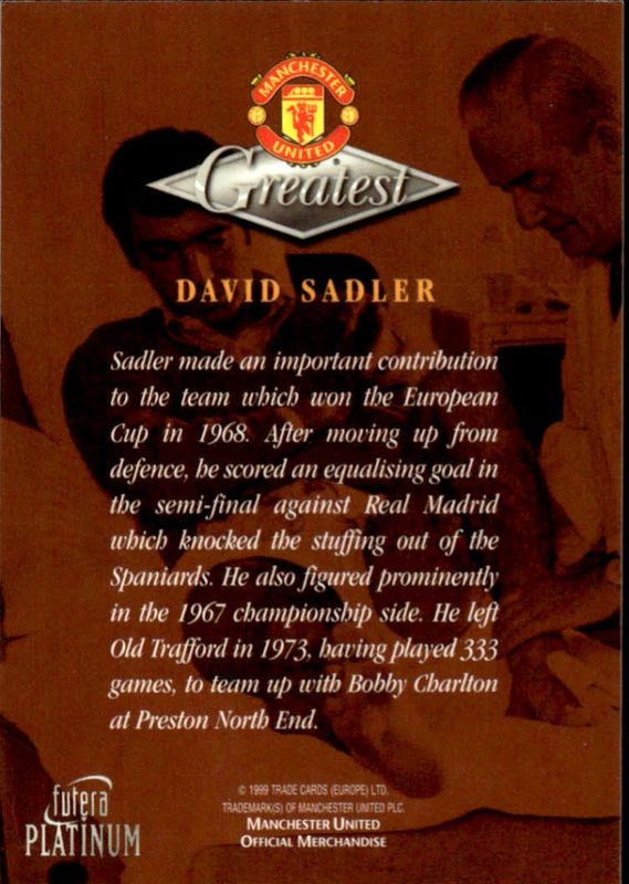 1998-99 Futera Platinum Manchester United Greatest David Sadler ON CARD AUTO