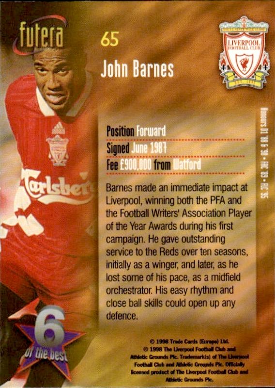 1998 Futera Liverpool 6 of the Best John Barnes #65