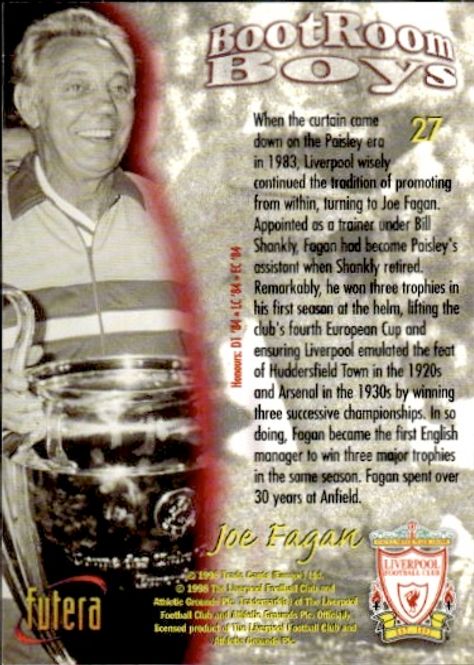 Main Image JOE FAGAN 1998 Futera Soccer Card LIVERPOOL #27