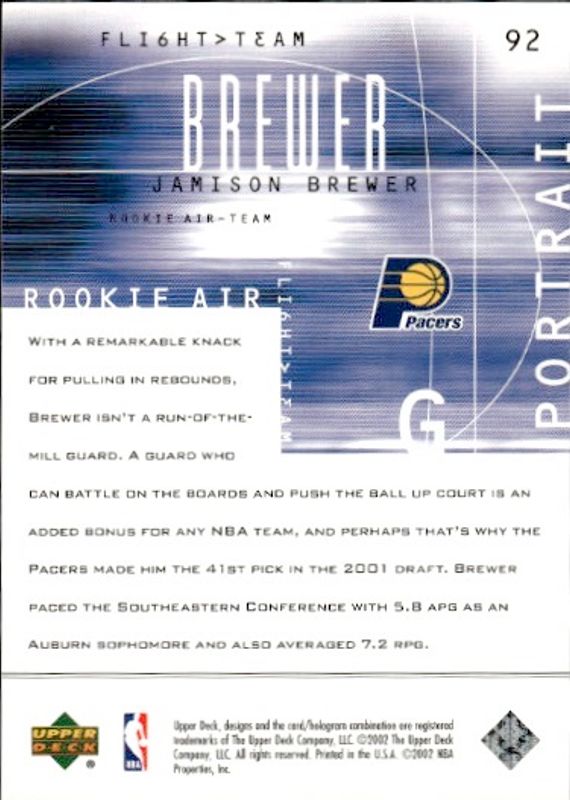 upper deck 2002 rookie air flight team 3 jamison brewer #215/500 portrait