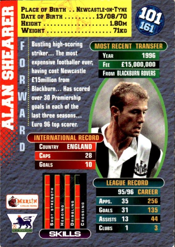 1996 Merlin Premier Gold Alan Shearer England Newcastle Star #101!