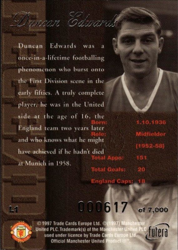 1997 Futera Manchester United Legends Silver 0617/7000 Duncan Edwards #L1