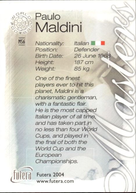 Hovedbilde 2004 Futera World Football Masters Paolo Maldini ...