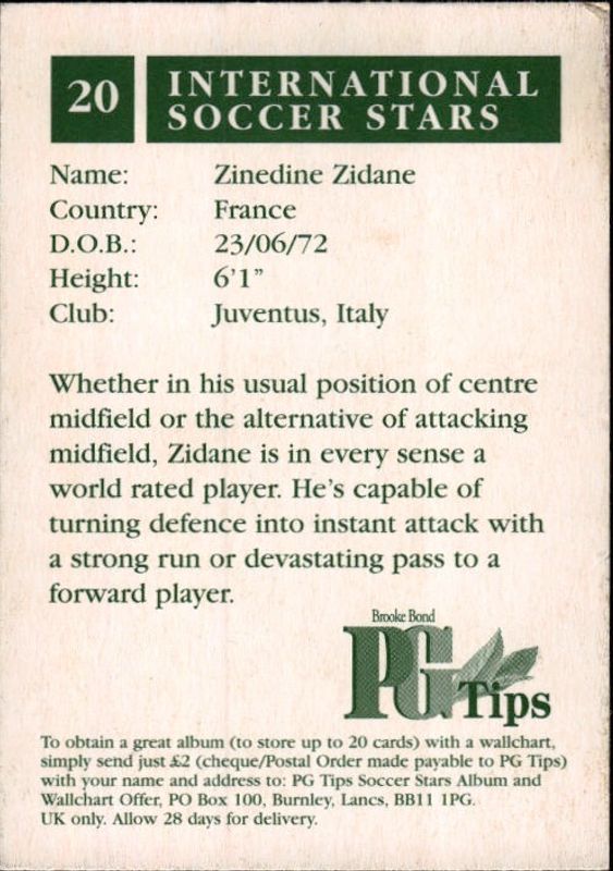 1998 Brooke Bond PG Tips International Stars Zinedine Zidane #20