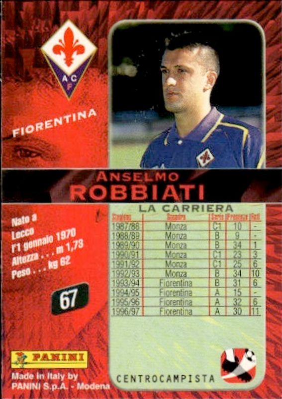 Panini Card Calcio 98 1998 Serie A #67 Anselmo Robbiati Fiorentina