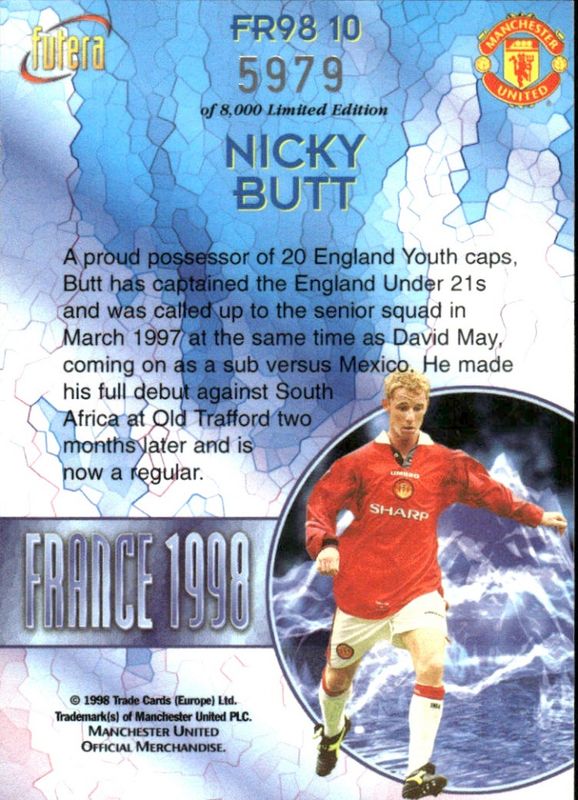 NICKY BUTT 1998 Futera Soccer Card Insert MANCHESTER UTD #5979/8000