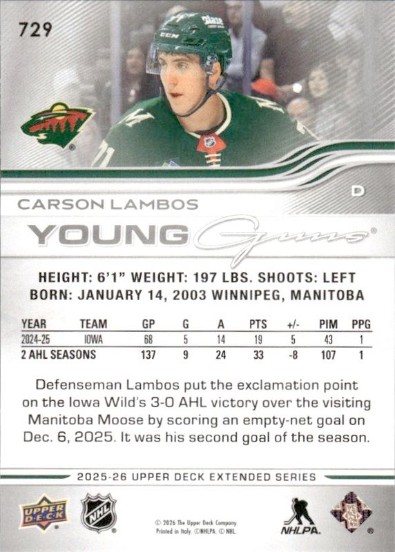 2025-26 Upper Deck Young Guns Carson Lambos RC Minnesota Wild #729