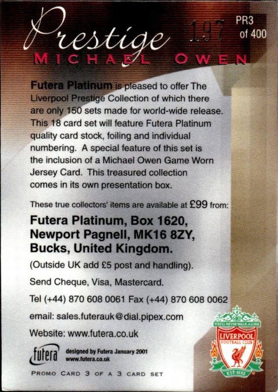 2000-01 Futera Platinum Prestige Liverpool Promo #197/400 Michael Owen PR3