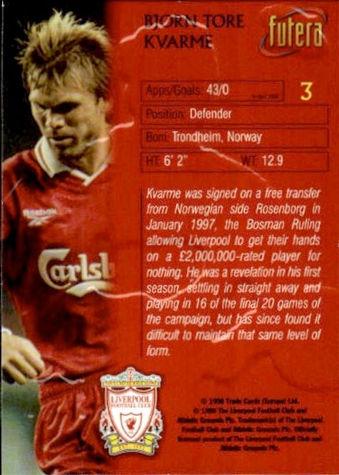 Main Image 1998 Futera Liverpool Bjorn Tore Kvarme #3 ...