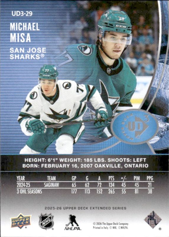 MICHAEL MISA 25/26 2025 2026 Upper Deck UD3 Rookie Insert Card #UD3-29 Sharks