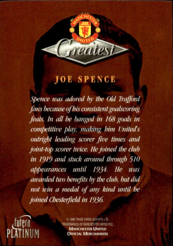 1998-99 Futera Platinum Manchester United Greatest Joe Spence 22 CARAT GOLD GILDED (EDGE)